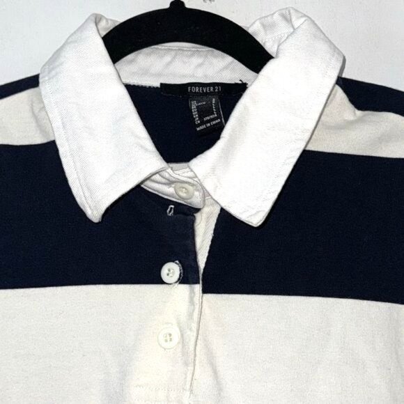 Forever 21 Navy & White Striped Crop Polo Shirt Womens L - Picture 3 of 6